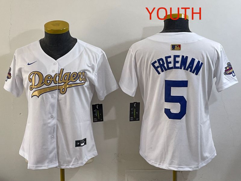 Youth Los Angeles Dodgers 5 Freeman White Champion edition Nike MLB Jersey style 001